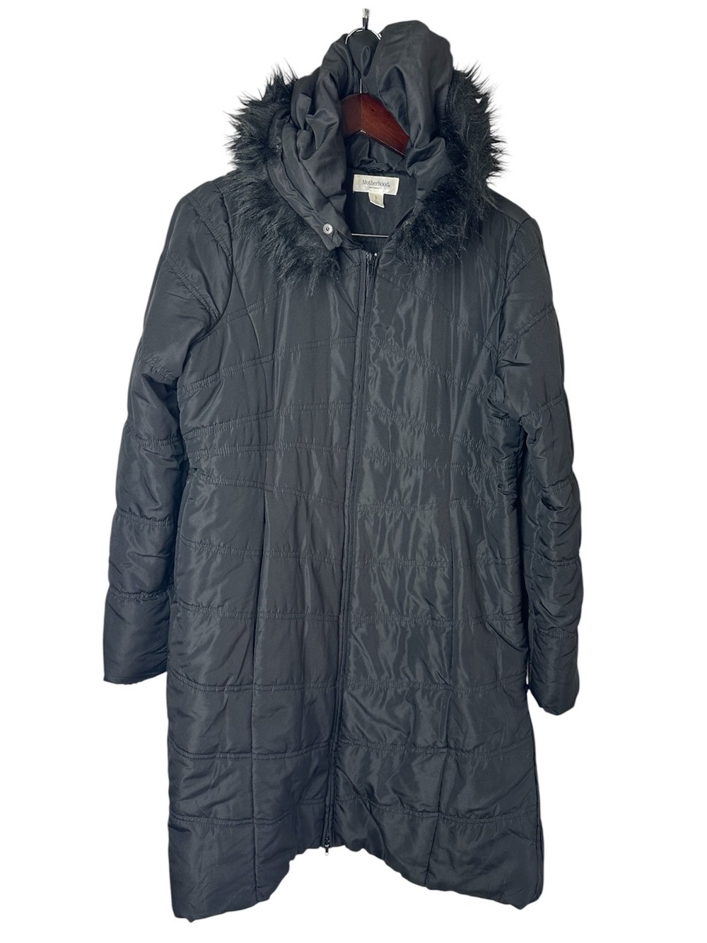 Motherhood Maternity Black Long Hooded Puffer Coat with Faux-Fur Trim - Picture 1 of 4